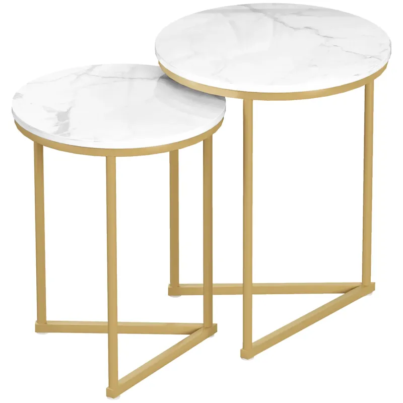 Set of 2 Marble Effect Nest of Tables - White & Gold