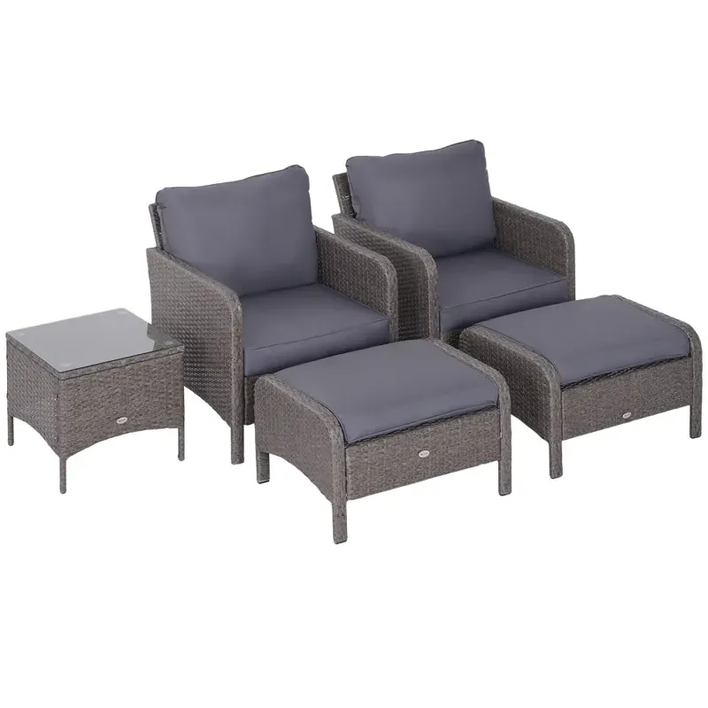  5-Piece Rattan Garden Furniture Set with 2 Armchairs, 2 Footstools and Coffee Table - Grey