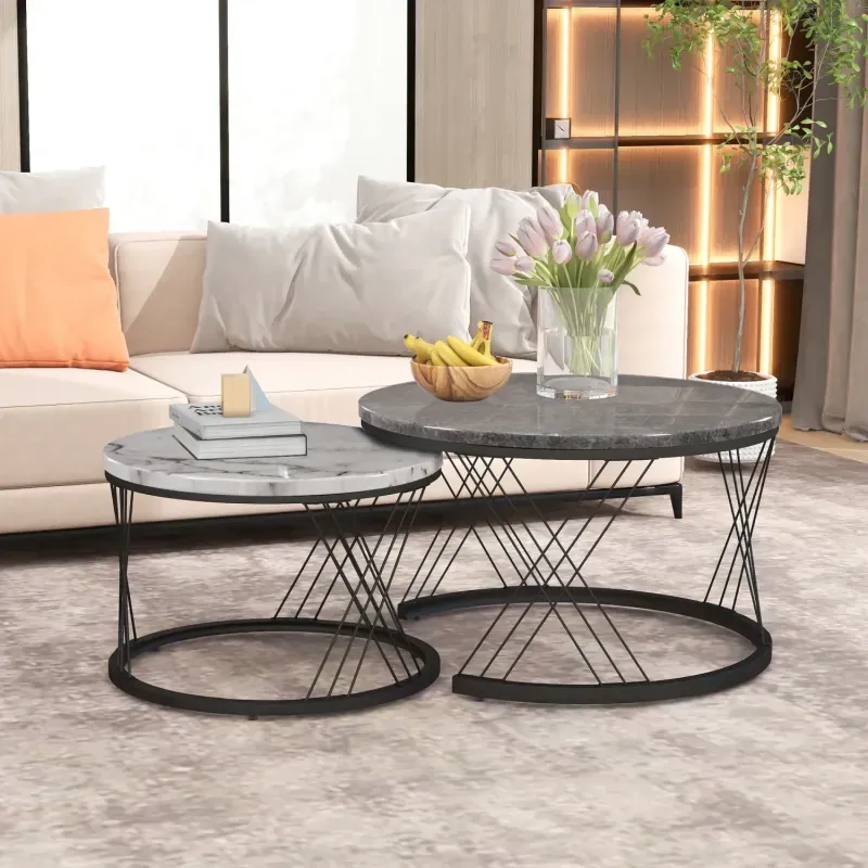 Set of 2 Modern Nesting Coffee Tables - White Marble Effect with Gold Frame