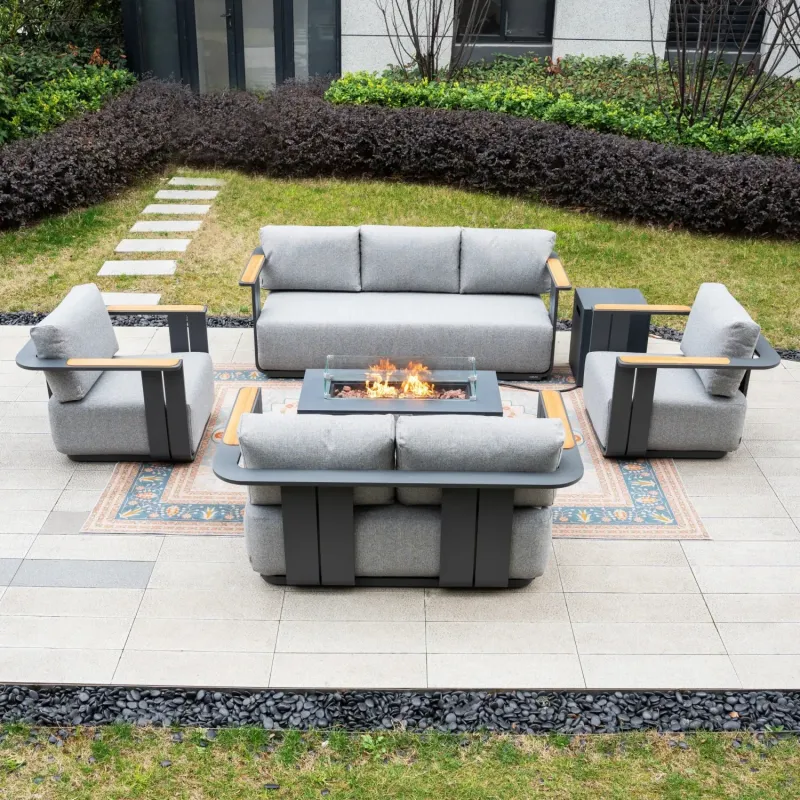 Varel 5-Piece Aluminium & Teak Garden Sofa Set with Zenith Fire Pit Table