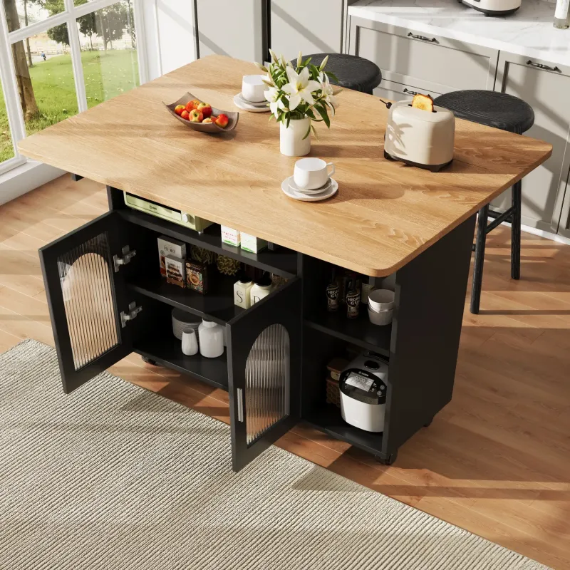 Kitchen Island with Folding Drop-Leaf Dining Table and Glass Cabinets - Black