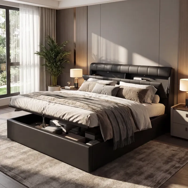 Black PU Leather King Size Ottoman Bed with Hidden Headboard Storage