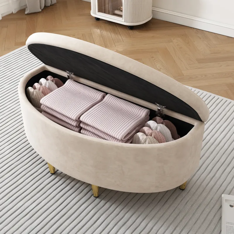 90cm Velvet Storage Bench with Metal Legs - Beige