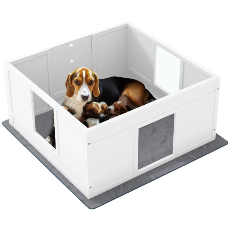 Pinewood Whelping Box for Medium Dogs with Washable Pad, 100 x 96cm