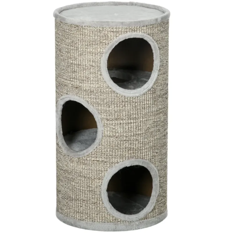 3-Tier Sisal Cat Tree with Hideaway - Light Grey