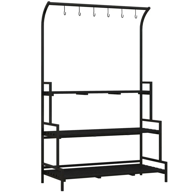 3-Tier Tall Plant Stand with Hanging Hooks - Black