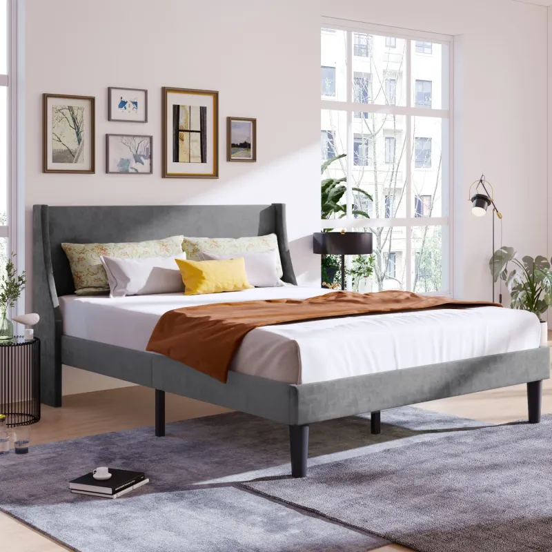 4ft6 Double Velvet Upholstered Bed with Winged Headboard - Grey