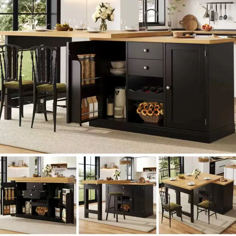 Extendable Sideboard and Dining Table with 2 Drawers and Wine Rack - White/Black