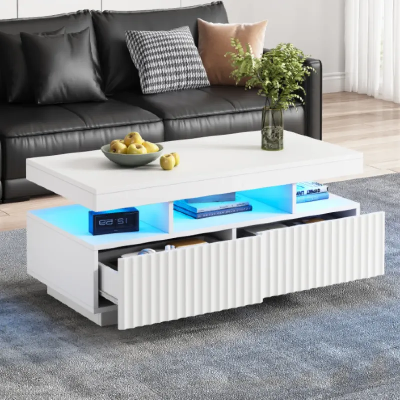 Rectangular Coffee Table, Ribbed Finish in White with App-Controlled LED Lights and 2 Drawers