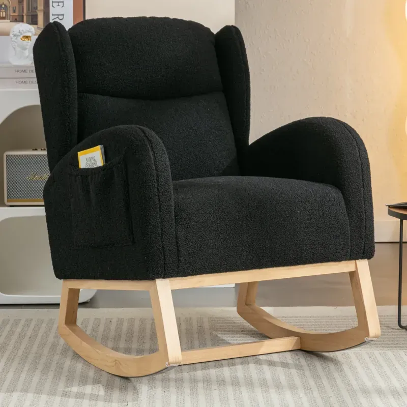 Modern Teddy Fabric Wingback Rocking Chair - Black