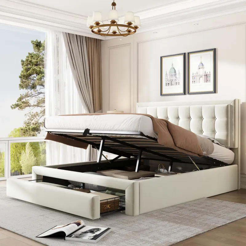 Cream Velvet Upholstered Double Bed with Storage and Adjustable Headboard