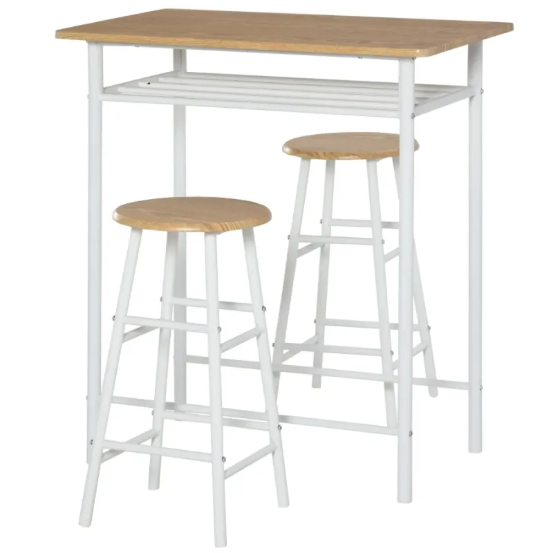 3 Piece Bar Table and Stools Set with Storage Shelf - White and Oak