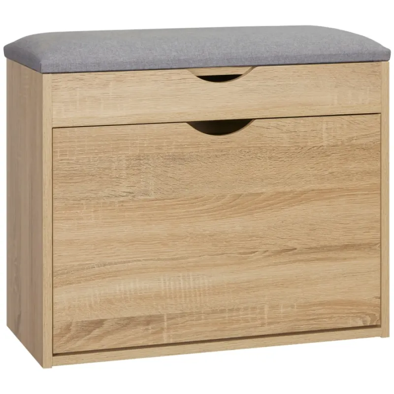Natural Shoe Storage Bench with Padded Seat and Flip-up Cabinet