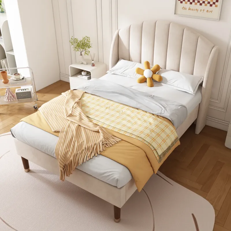 3ft Single Upholstered Velvet Bed Frame with Headboard - Beige
