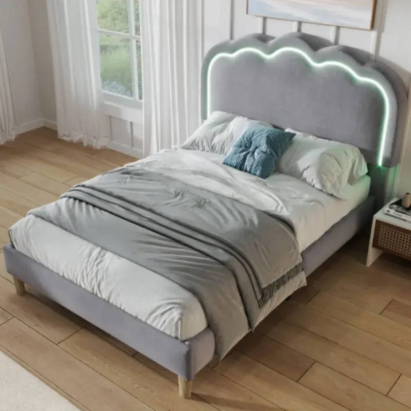 Grey Linen 3ft Single Upholstered Bed Frame with LED Puff Headboard