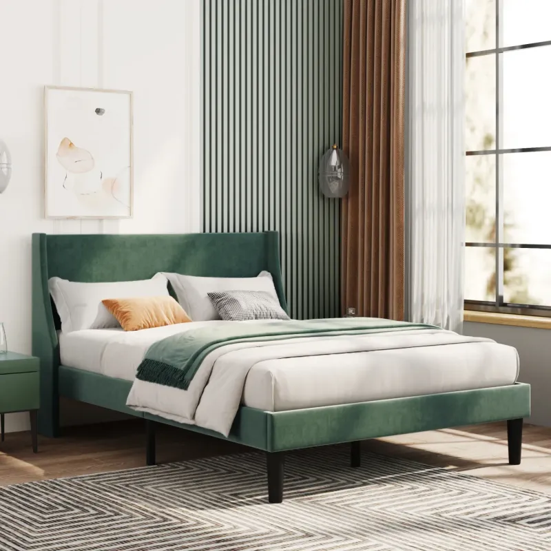 Upholstered Double Bed with Winged Headboard in Dark Green Velvet