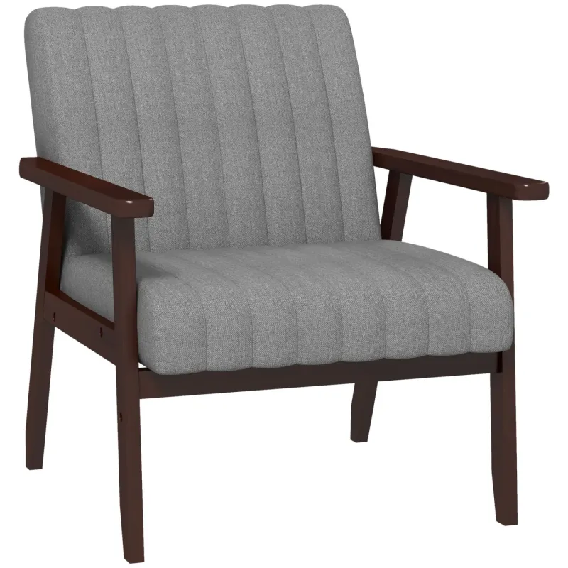 Linen Look Armchair, in Grey, with Mid Century Wooden Legs