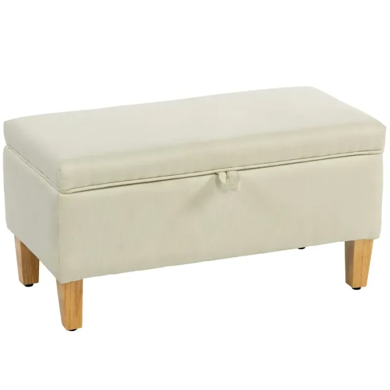 30L Linen-Look Storage Ottoman Footstool with Rubberwood Legs - Beige