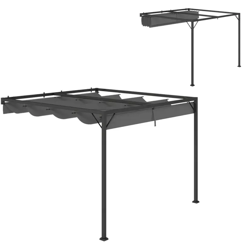  3m x 3m Wall-Mounted Pergola with Retractable Canopy - Grey