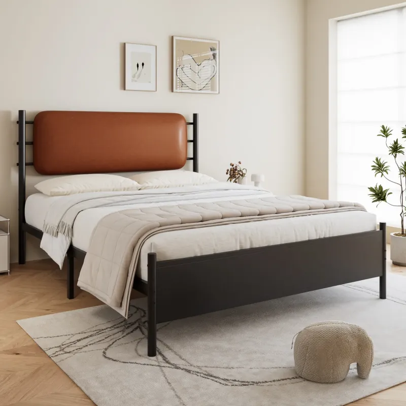 4ft6 Double Metal Bed Frame with Padded PU Headboard - Black