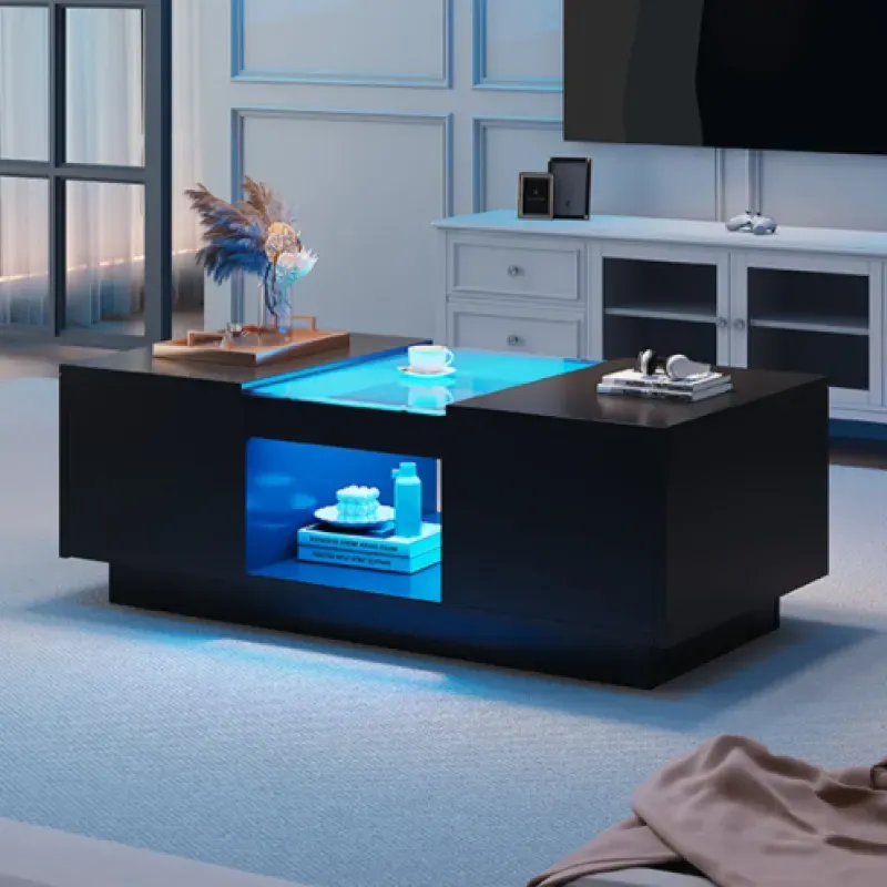 Modern Black LED Coffee Table with 2 Drawers and Tempered Glass Top