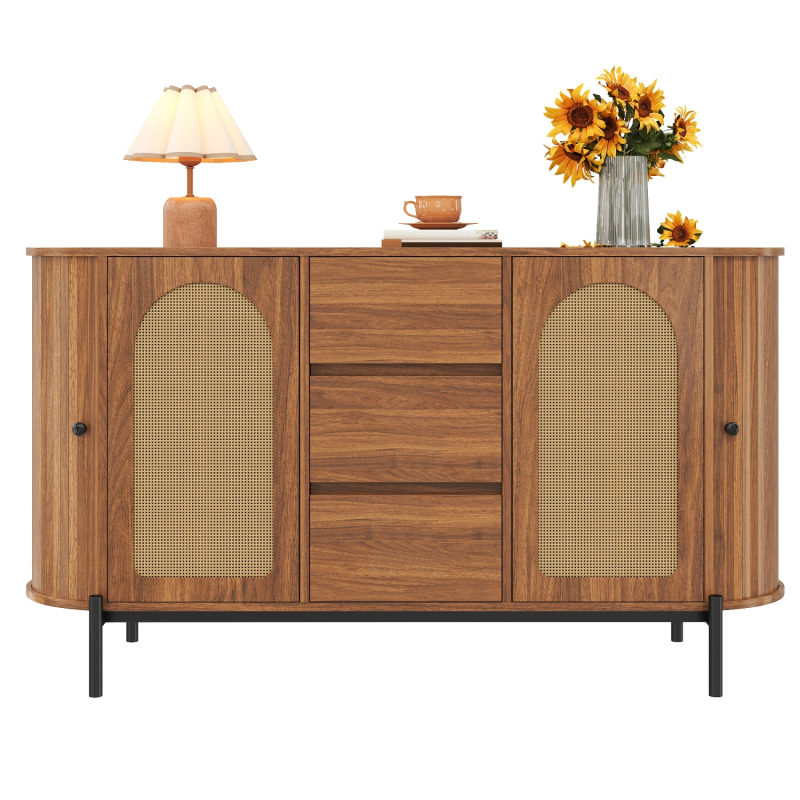 Wood Look Sideboard with Rattan Doors, Sliding Doors and 3 Drawers