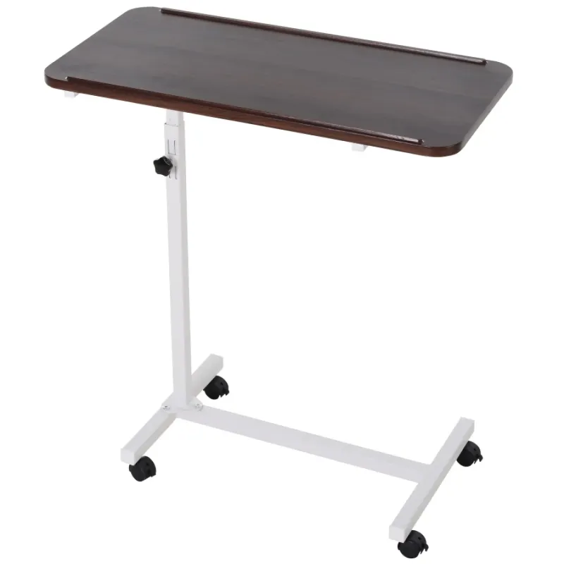 Steel and MDF Over Bed Side Table, 77x40cm, in Brown, with Height Adjustment & Locking Wheels