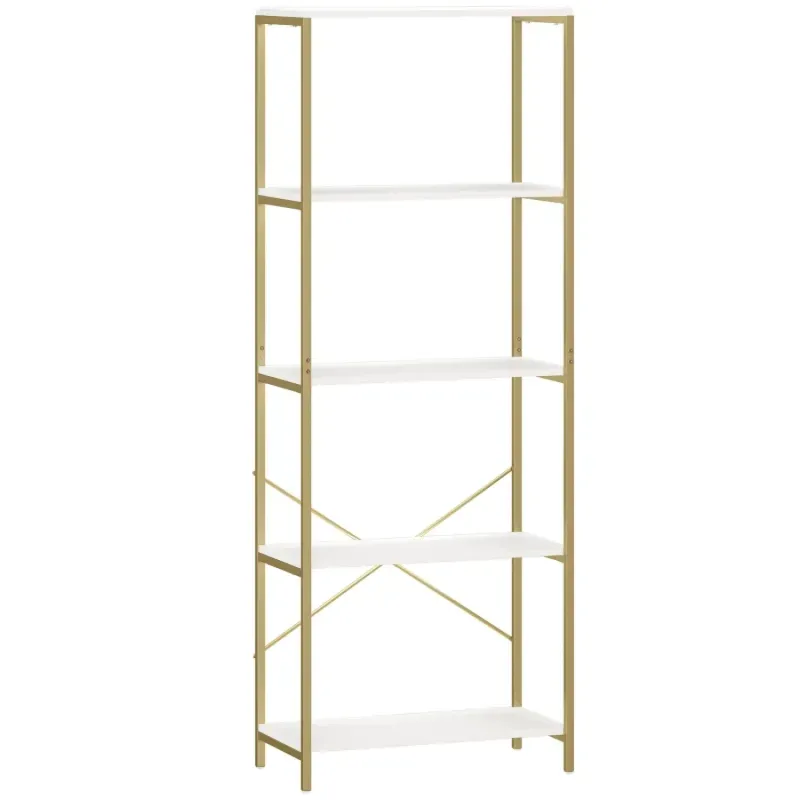  5-Tier Modern Bookcase, Metal Frame Open Shelving Unit - White and Gold