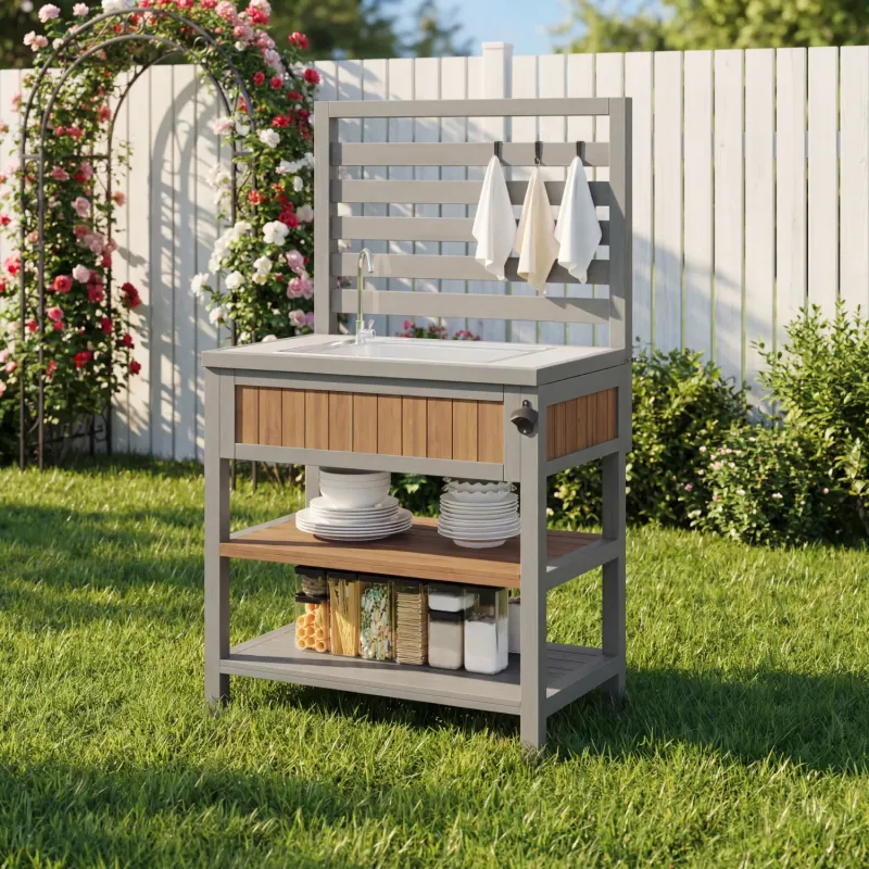 Garden Storage Cabinet with Integrated Sink and Bottle Opener - Solid Wood