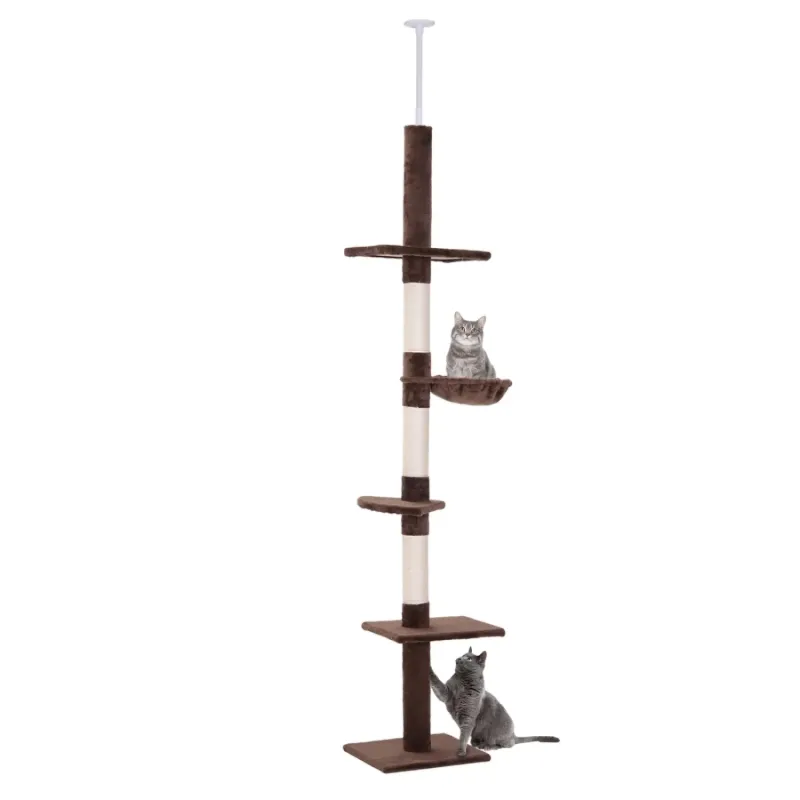 5-Tier Floor to Ceiling Cat Tree with Adjustable Height 230-260cm - Brown