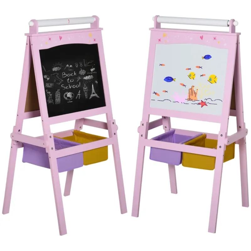 Kids 3-in-1 Wooden Art Easel with Paper Roll & Storage - Pink