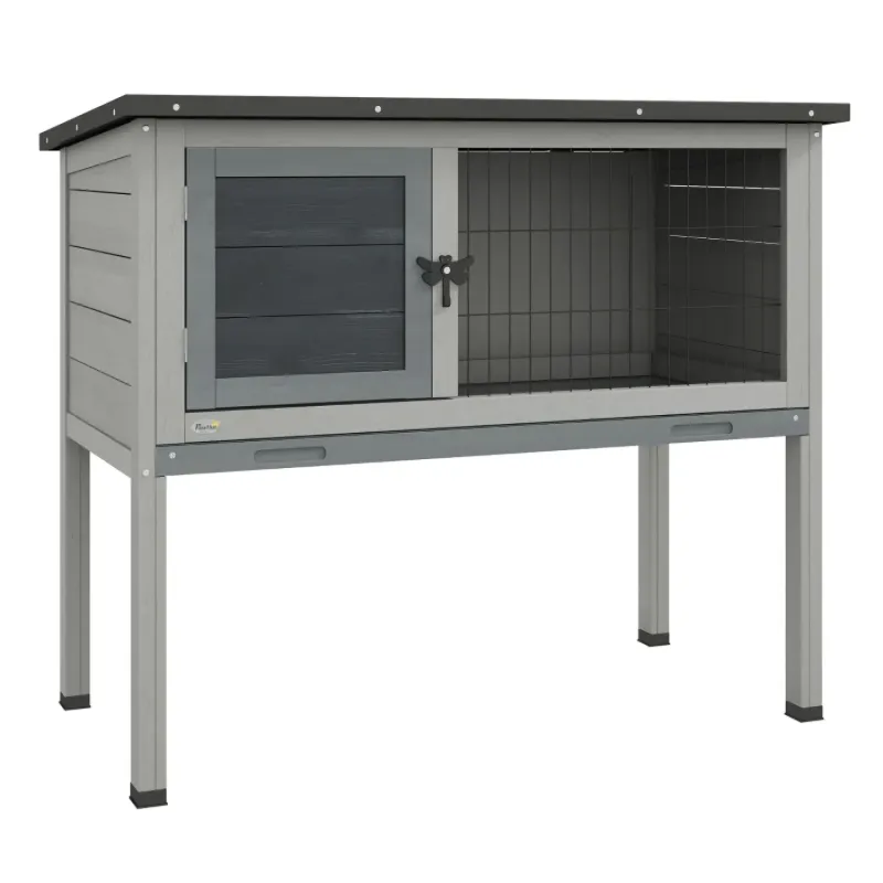 Solid Wood Guinea Pig Hutch with Elevated Base and Slide-Out Tray, Grey