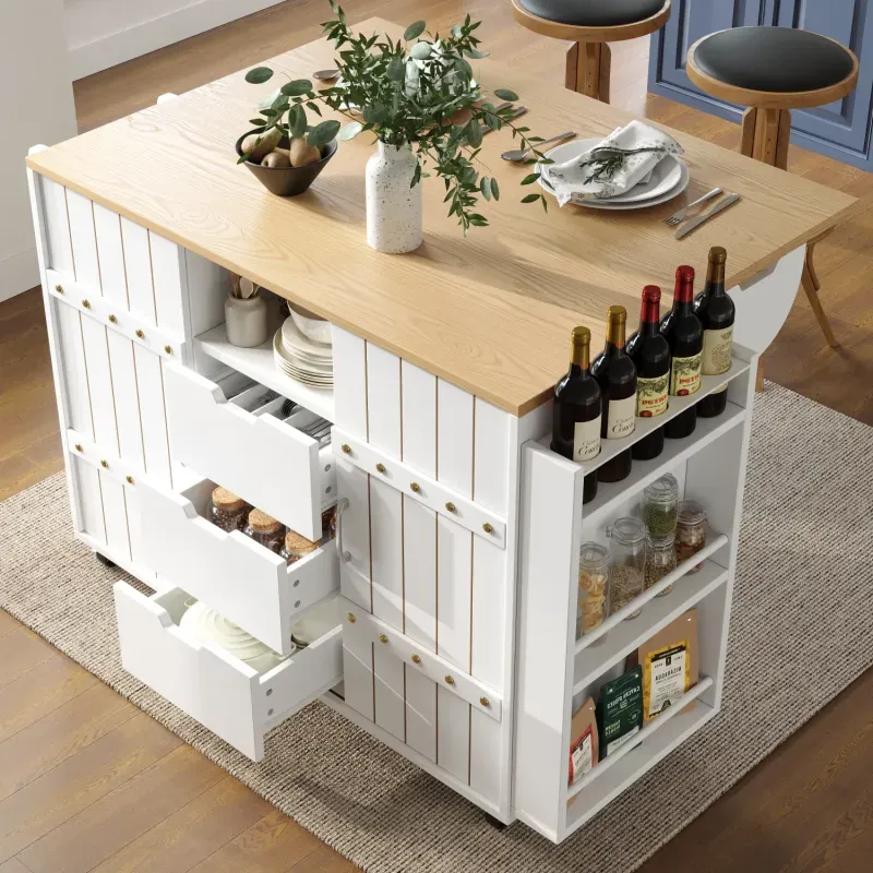 White Mobile Kitchen Island Trolley with Sliding Doors and Fold-out Worktop