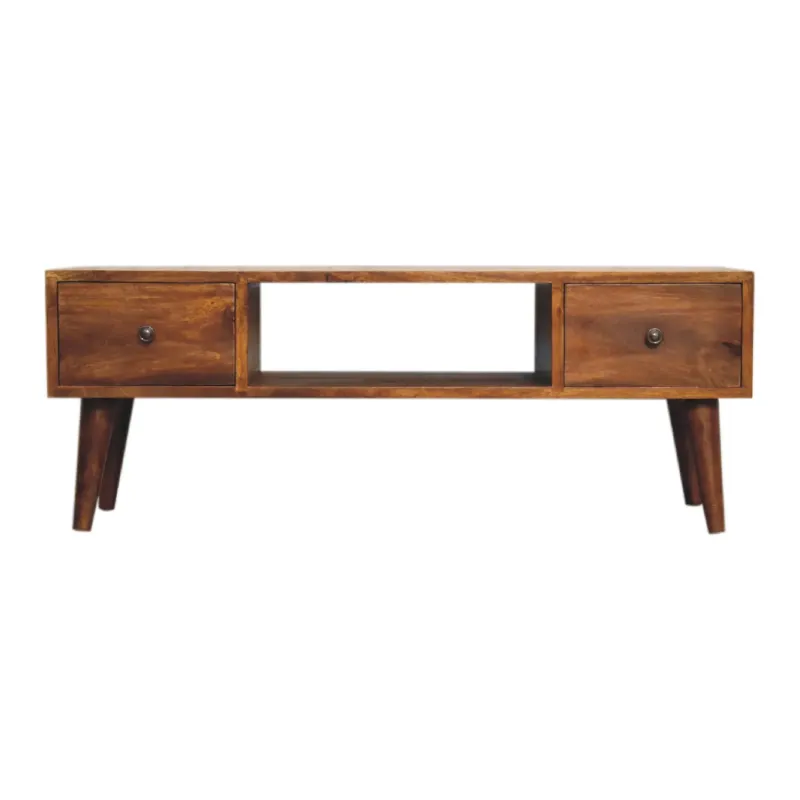 Rectangular Coffee Table, Solid Mango Wood in Chestnut, with 2 Drawers & Open Slot