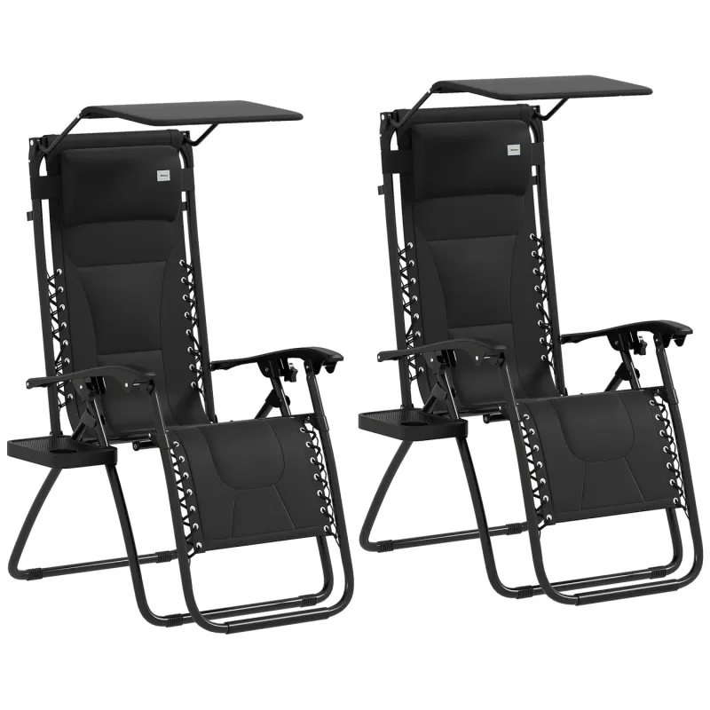 Set of 2 Zero Gravity Reclining Garden Chairs with Canopy and Padded Seat - Black