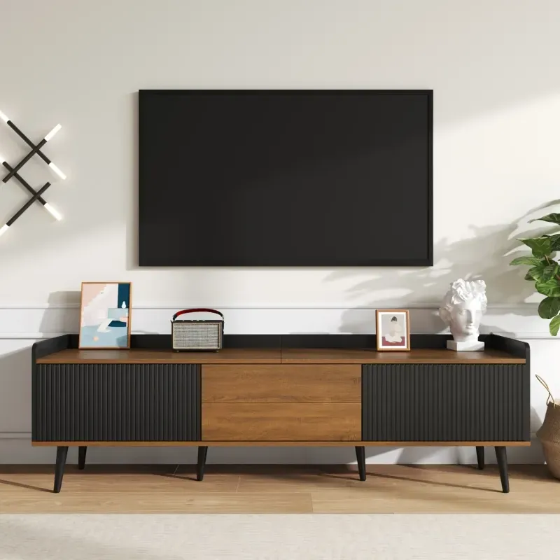 160cm TV Stand with 3 Textured Doors - Black and Natural Wood Media Cabinet