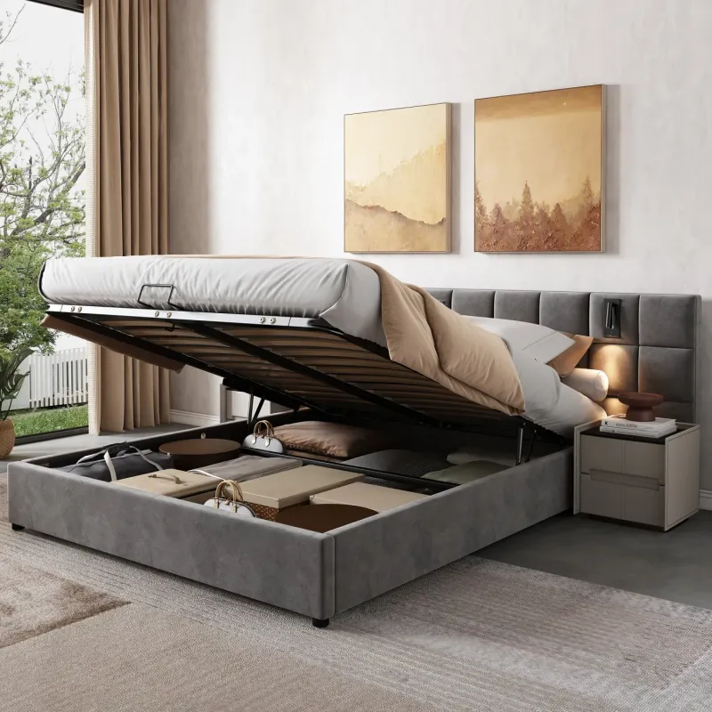 Super King Upholstered Hydraulic Storage Bed in Grey Velvet with Reading Light & USB