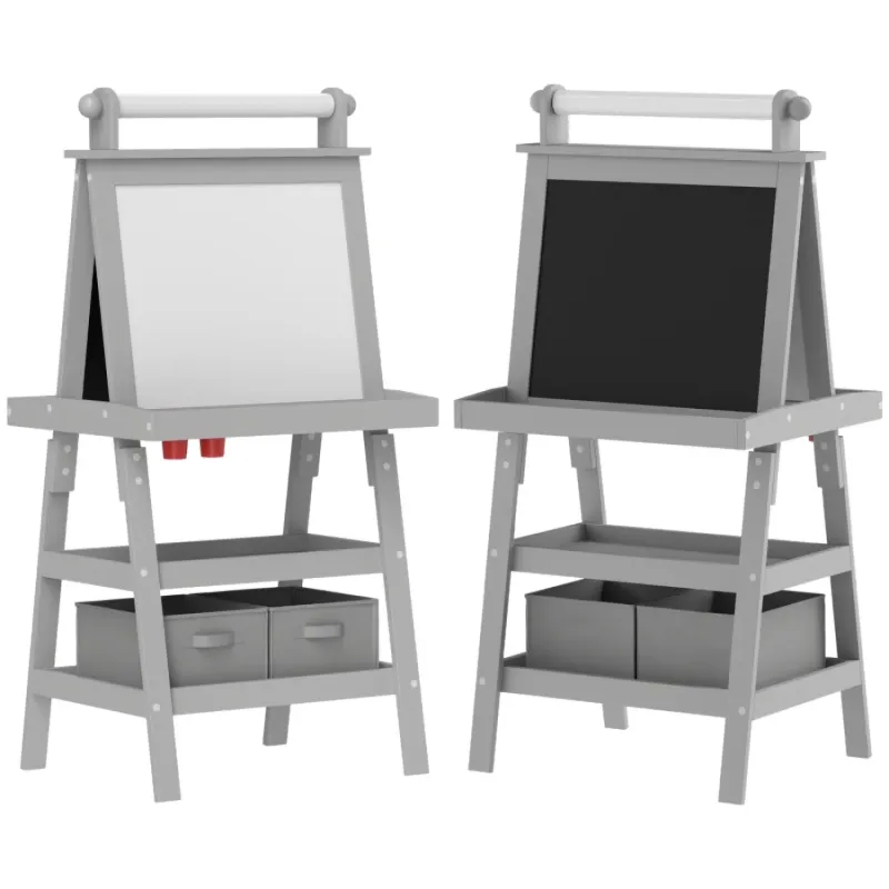 3-in-1 Kids Double-Sided Magnetic Easel with Paper Roll & Storage - Grey