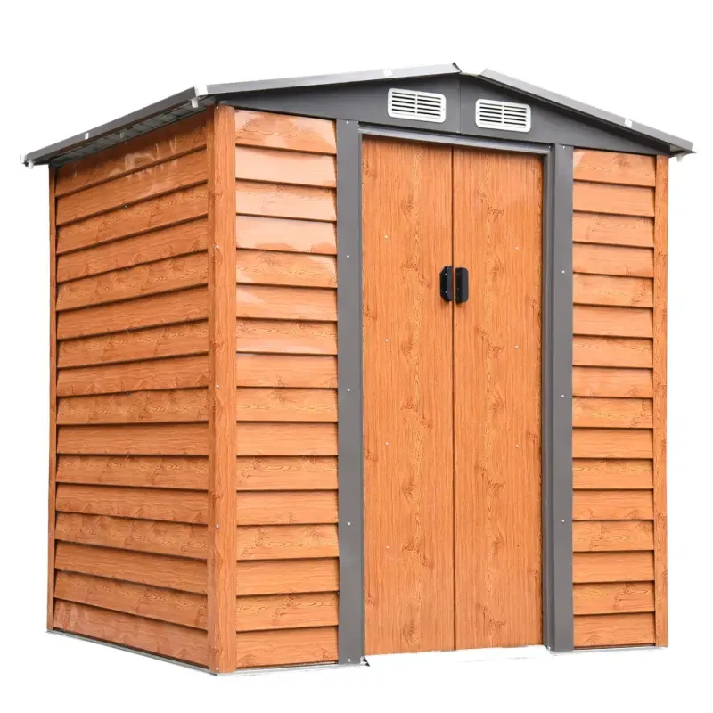  6.5ft x 5ft Wood Effect Metal Garden Shed - Galvanised Steel Tool Storage Hut with Sliding Doors