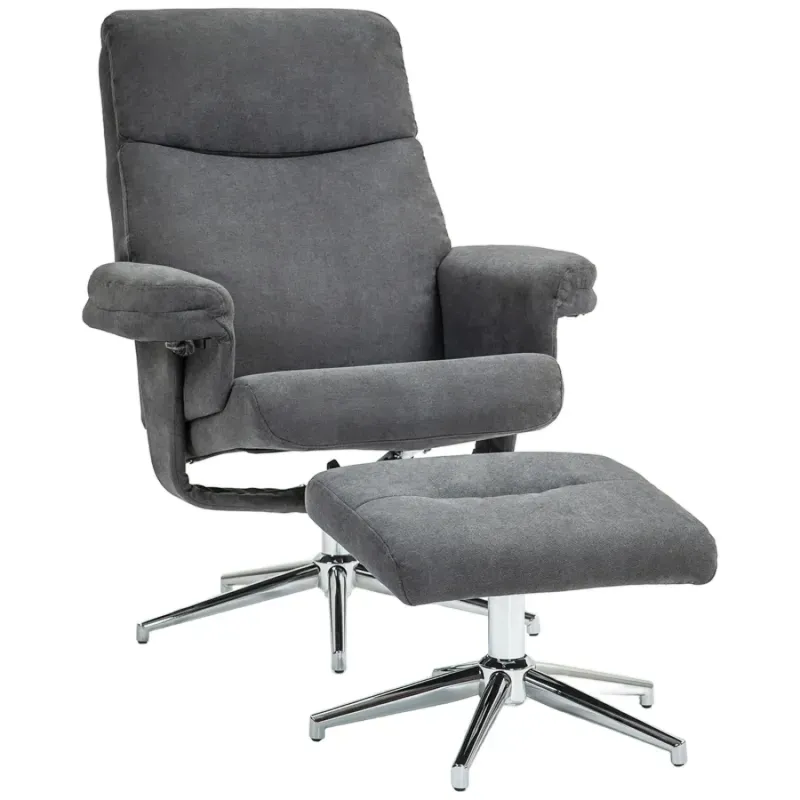 Velvet Recliner Armchair with Matching Footstool - Dark Grey