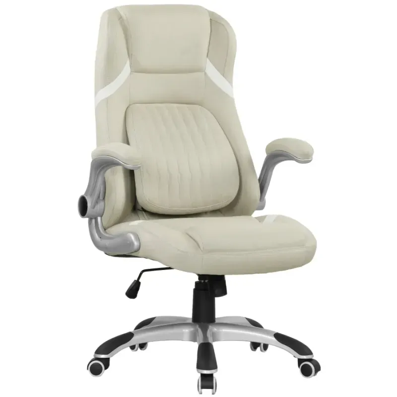 Linen-Look Executive Office Chair with Flip-Up Armrests and Lumbar Support - Beige