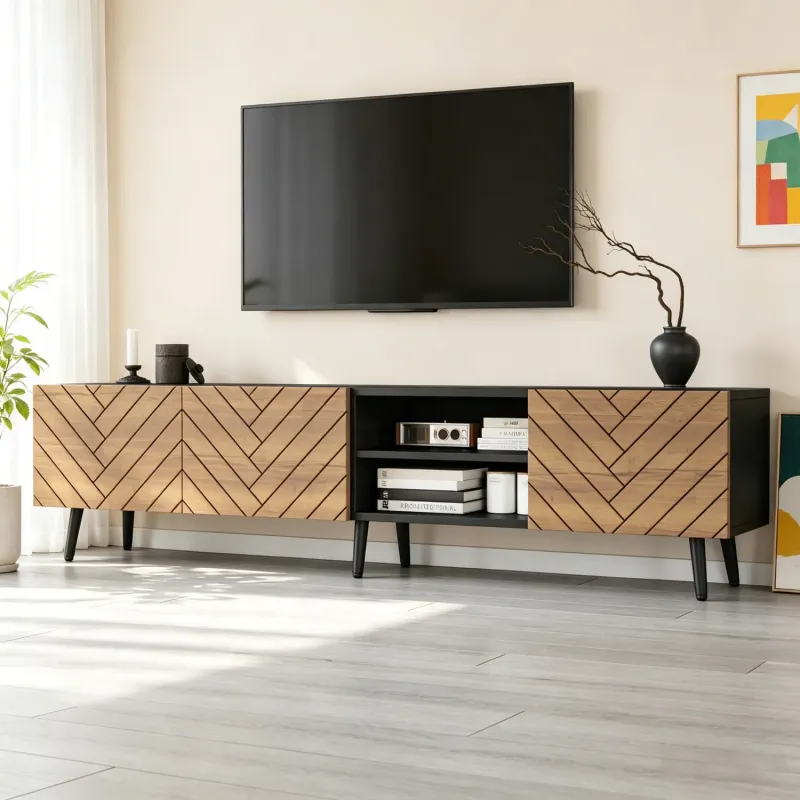 Particle Board TV Unit, 180cm, in Black & Oak, with Herringbone Doors