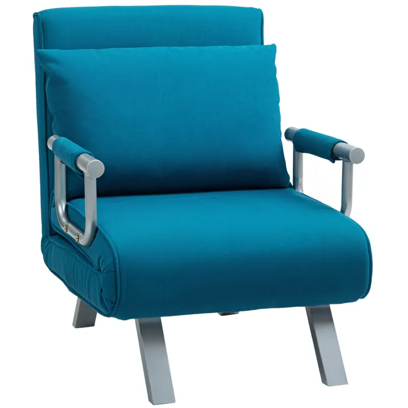 Faux Suede Sofa Bed, Single, in Blue, with 5-Position Adjustable Backrest