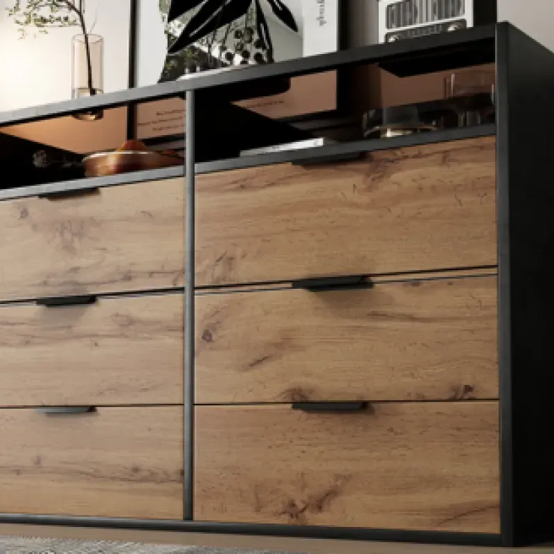 Oak Effect 6 Drawer Sideboard with Amber Glass Top and Open Shelving - 120cm