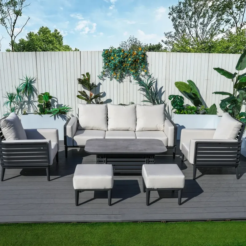Aurel 7-Seater Aluminium Garden Sofa Set with Coffee Table and Ottomans - 6 Pieces
