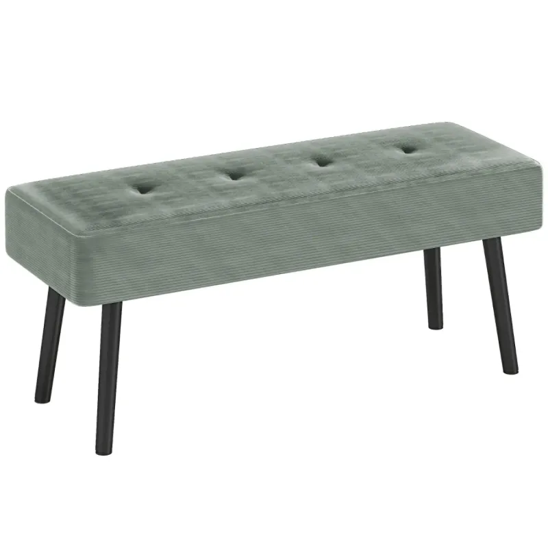Green Corduroy Indoor Bench with Tufted Seat and Steel Legs