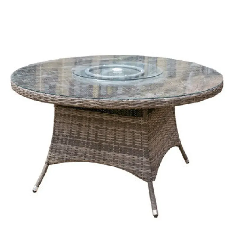 6-Seater Round Brown Rattan Garden Dining Table with Glass Turntable