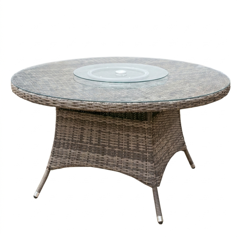 6-Seater Round Brown Rattan Outdoor Dining Table with Glass Turntable