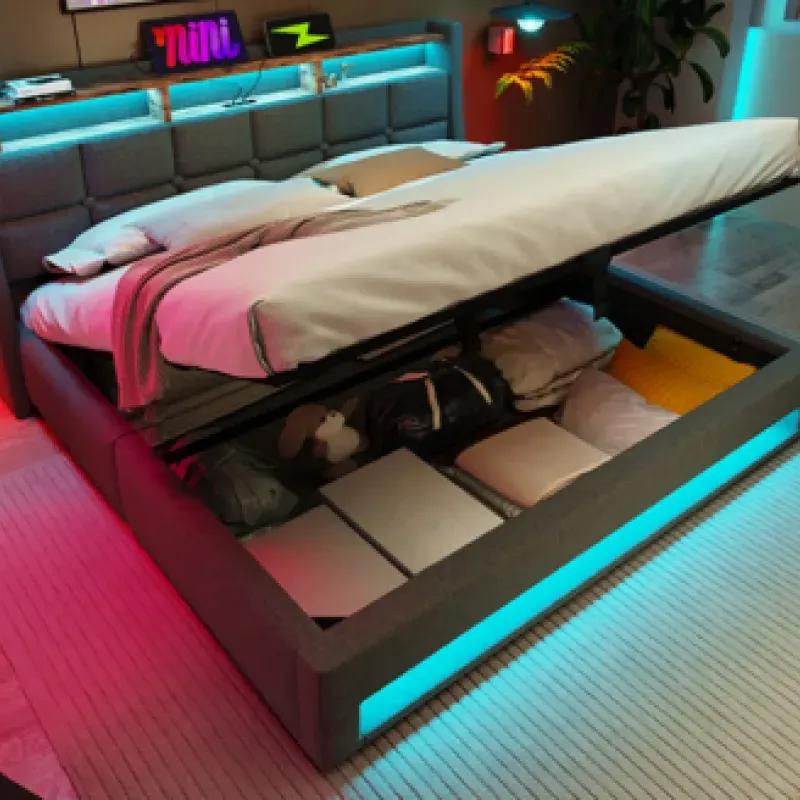 King Size Grey Linen Upholstered Storage Bed with LED Lighting and USB-C Charging
