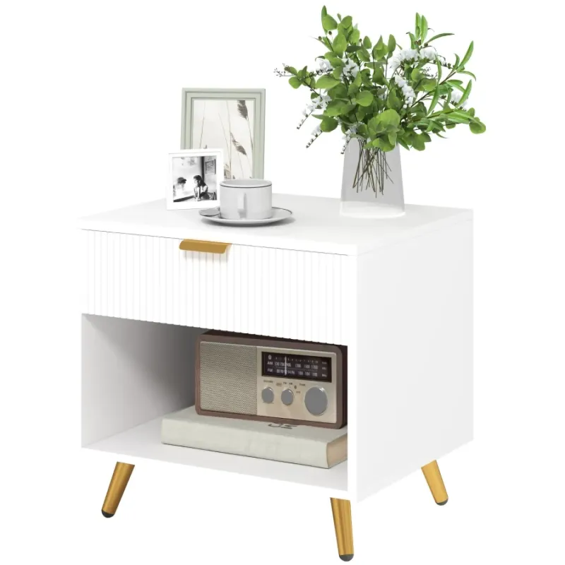Bedside Table with Drawer and Shelf - White and Gold Tone